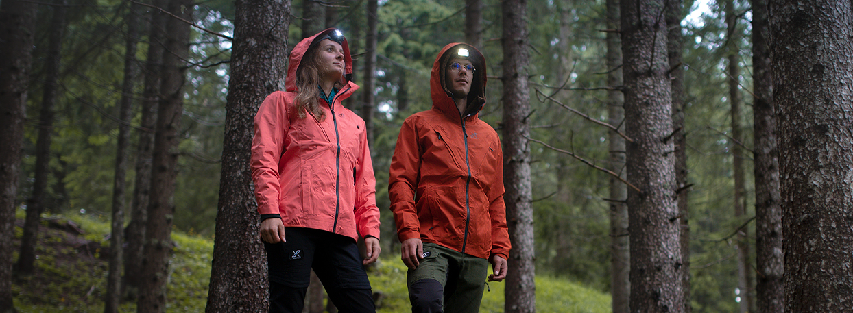 hikers with headlamps in the woods